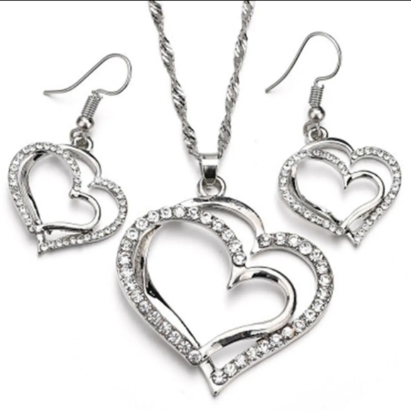 DOUBLE HEART NECKLACE AND EARRING SET SILVER / WHITE TOPAZ - Picture 2 of 2